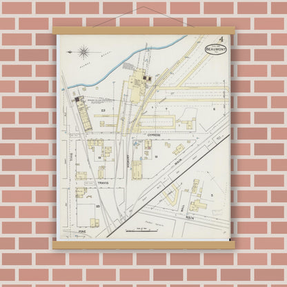 Old map wall art mockup — magnetic wood frame on brick wall — Sanborn Fire Insurance Map from Beaumont, Jefferson County, Texas (1889), Sheet #0004
