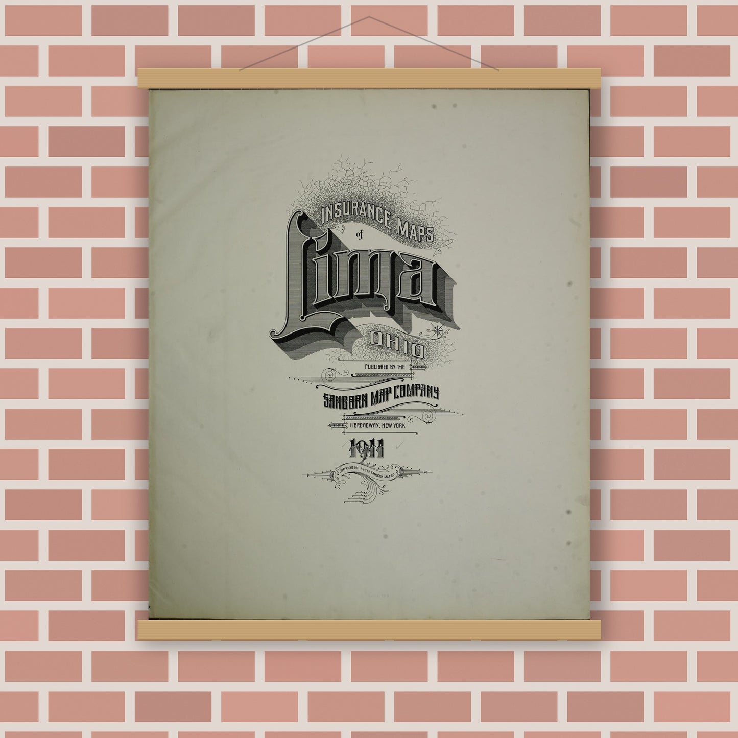 Old map wall art mockup — magnetic wood frame on brick wall — Sanborn Fire Insurance Map from Lima, Allen County, Ohio (1911), Sheet #0001