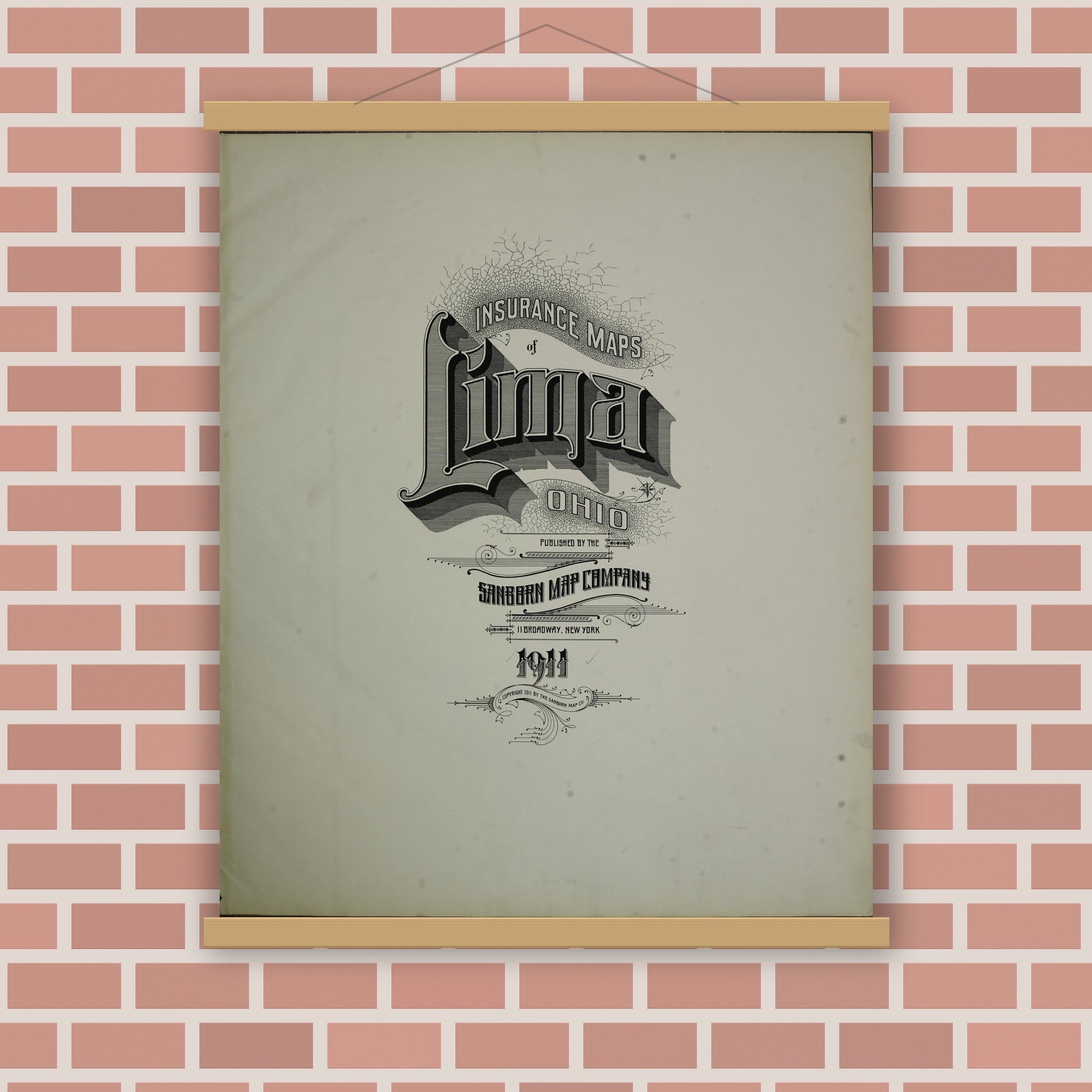 Old map wall art mockup — magnetic wood frame on brick wall — Sanborn Fire Insurance Map from Lima, Allen County, Ohio (1911), Sheet #0001