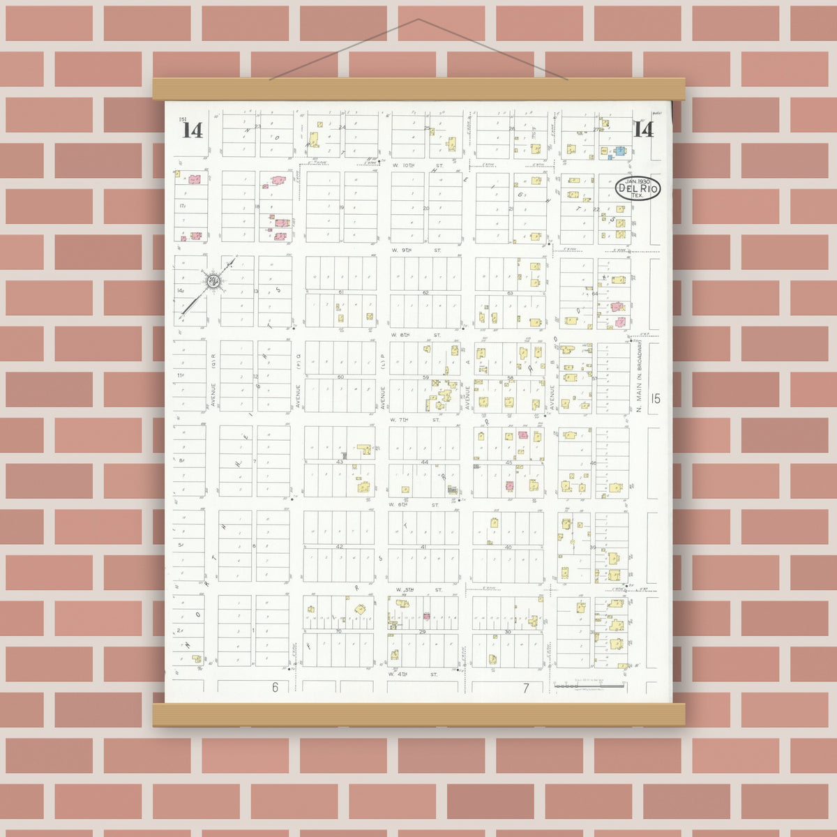 Old map wall art mockup — magnetic wood frame on brick wall — Sanborn Fire Insurance Map from Del Rio, Val Verde County, Texas (1930), Sheet #0014
