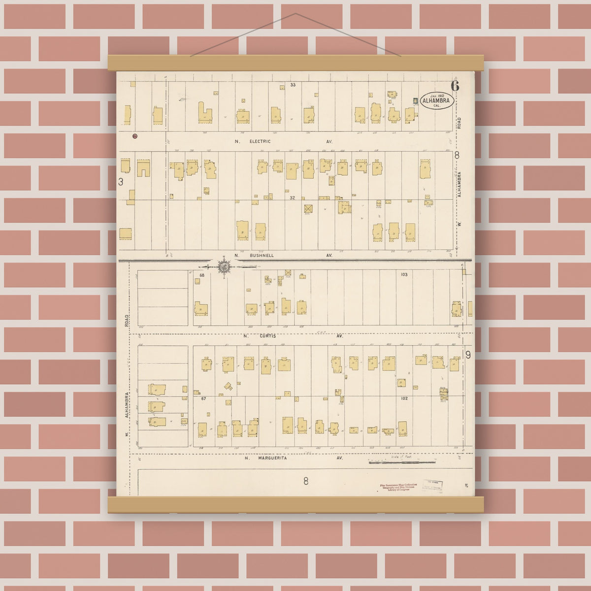 Old map wall art mockup — magnetic wood frame on brick wall — Sanborn Fire Insurance Map from Alhambra, Los Angeles County, California (1912), Sheet #0006