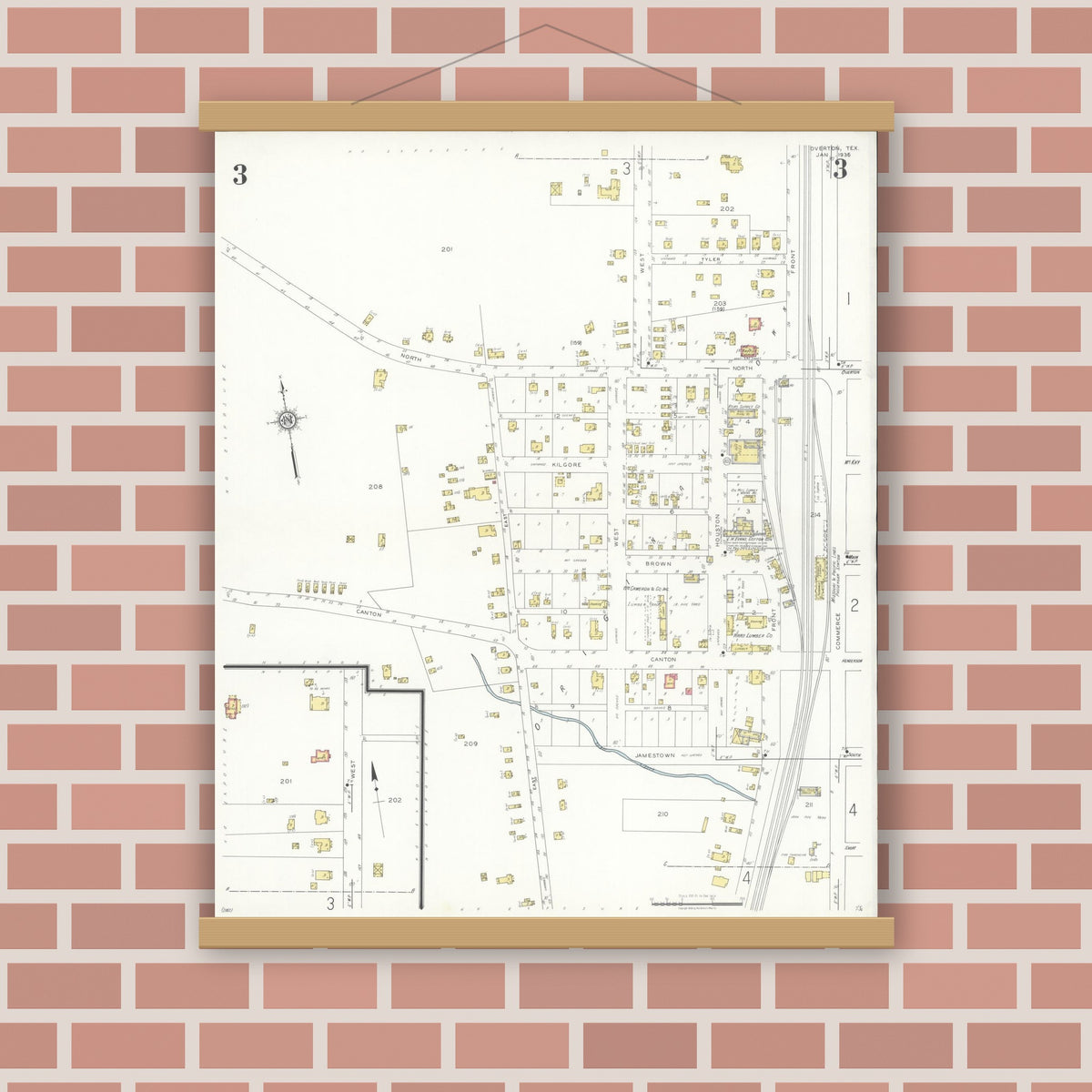 Old map wall art mockup — magnetic wood frame on brick wall — Sanborn Fire Insurance Map from Overton, Rusk County, Texas (1936), Sheet #0003