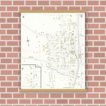 Old map wall art mockup — magnetic wood frame on brick wall — Sanborn Fire Insurance Map from Overton, Rusk County, Texas (1936), Sheet #0003