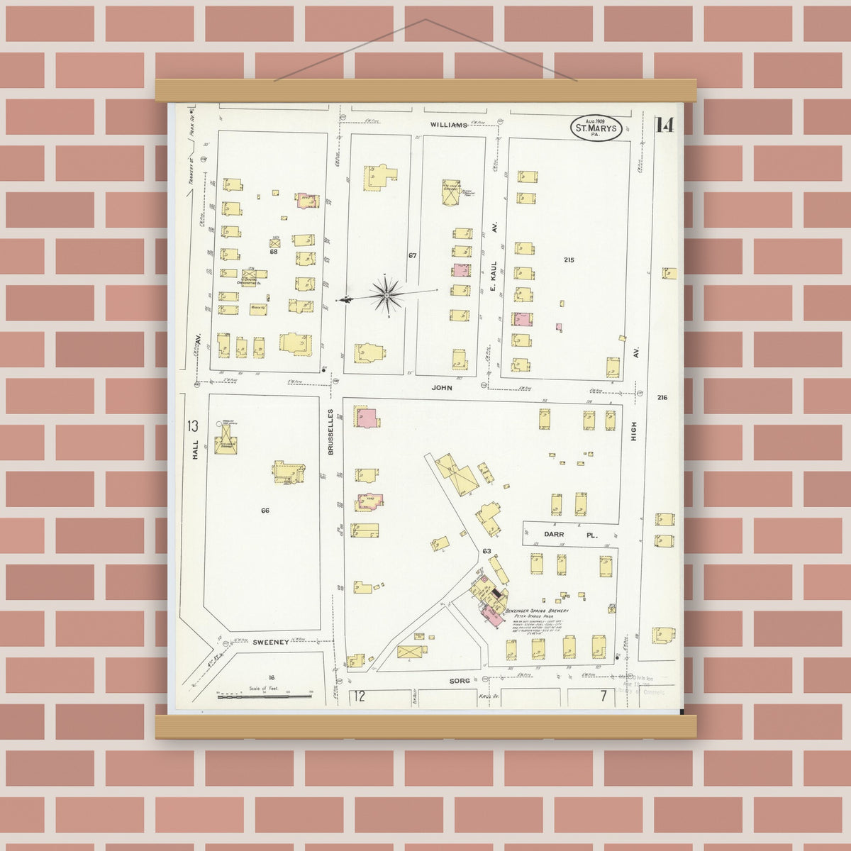 Old map wall art mockup — magnetic wood frame on brick wall — Sanborn Fire Insurance Map from Saint Marys, Elk County, Pennsylvania (1909), Sheet #0014