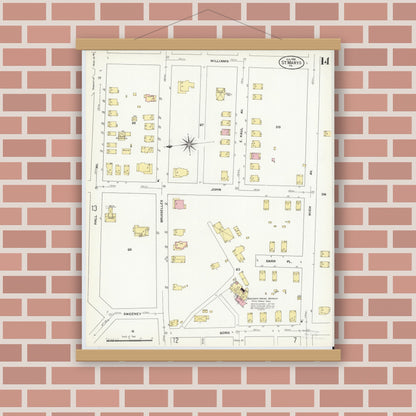 Old map wall art mockup — magnetic wood frame on brick wall — Sanborn Fire Insurance Map from Saint Marys, Elk County, Pennsylvania (1909), Sheet #0014
