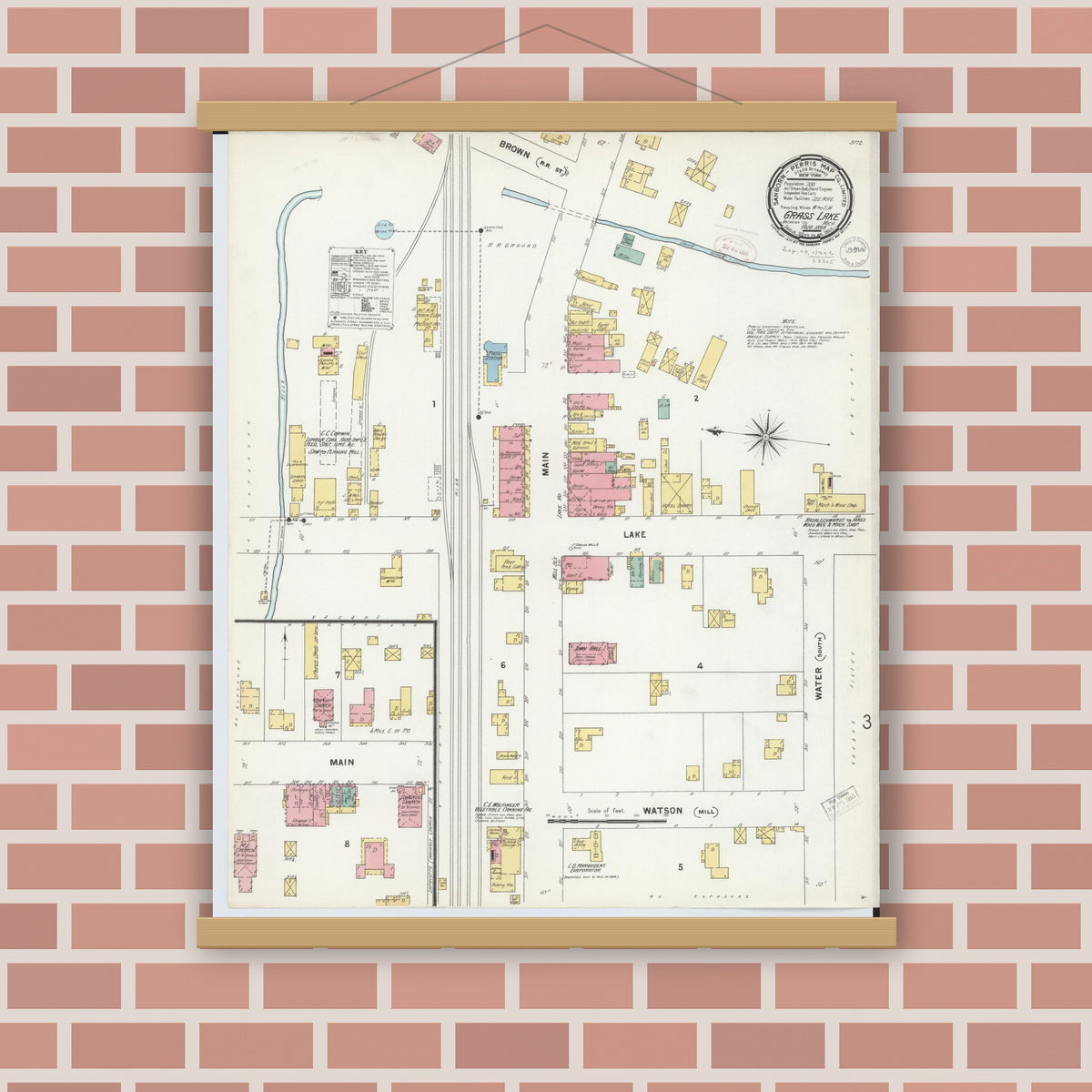 Old map wall art mockup — magnetic wood frame on brick wall — Sanborn Fire Insurance Map from Grass Lake, Jackson County, Michigan (1889), Sheet #0001