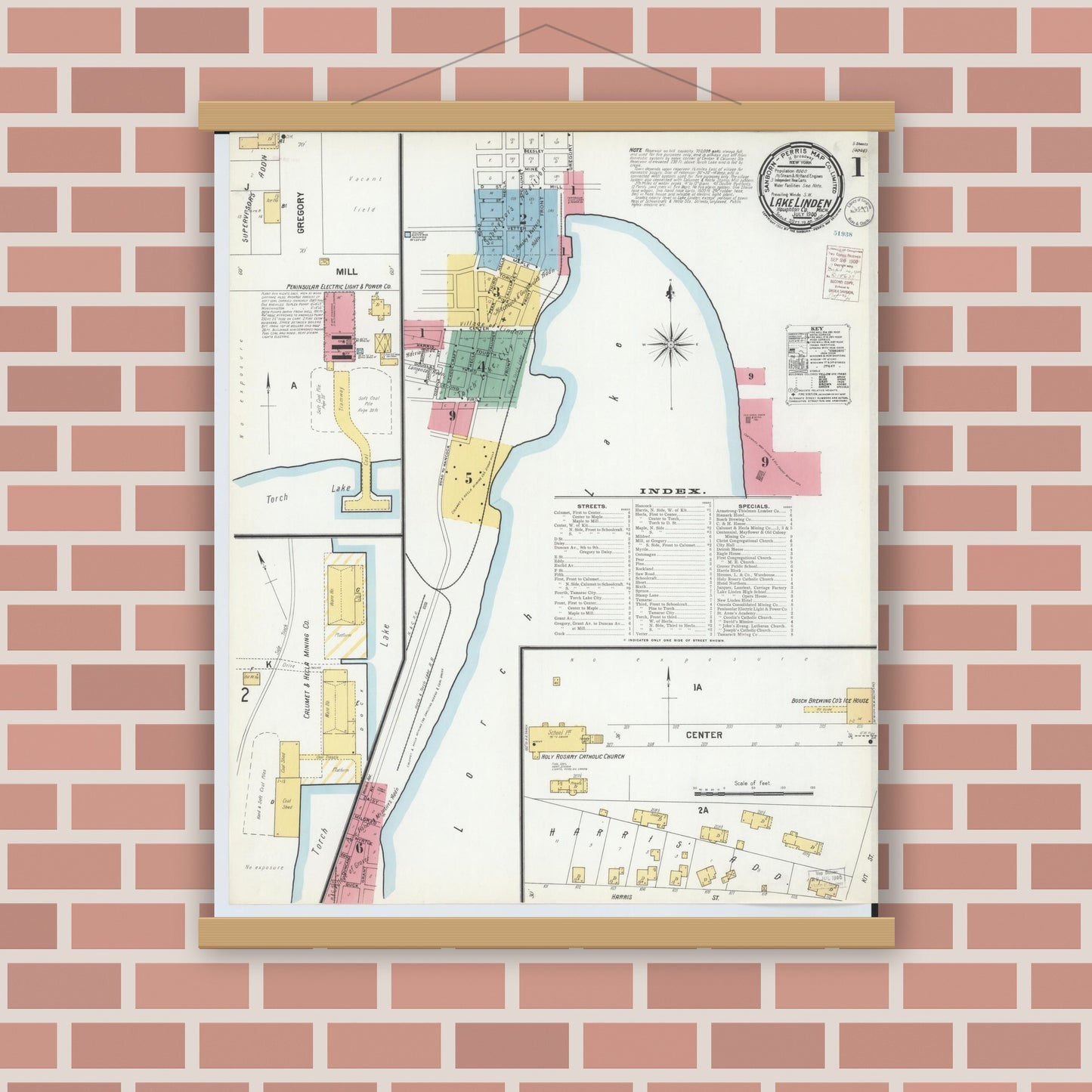 Old map wall art mockup — magnetic wood frame on brick wall — Sanborn Fire Insurance Map from Lake Linden, Houghton County, Michigan (1900) - Complete Map Set