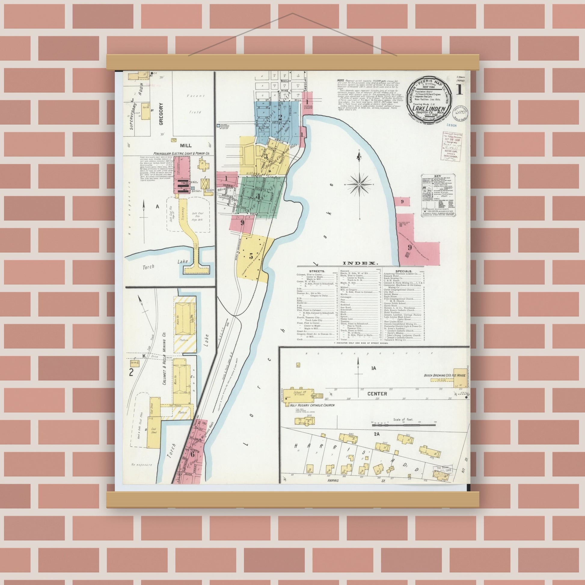 Old map wall art mockup — magnetic wood frame on brick wall — Sanborn Fire Insurance Map from Lake Linden, Houghton County, Michigan (1900) - Complete Map Set