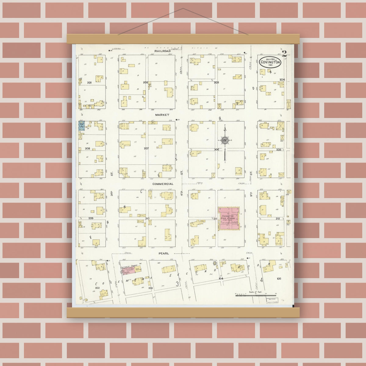 Old map wall art mockup — magnetic wood frame on brick wall — Sanborn Fire Insurance Map from Covington, Fountain County, Indiana (1910), Sheet #0002