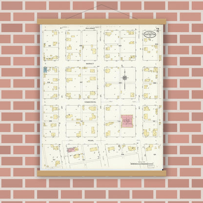 Old map wall art mockup — magnetic wood frame on brick wall — Sanborn Fire Insurance Map from Covington, Fountain County, Indiana (1910), Sheet #0002