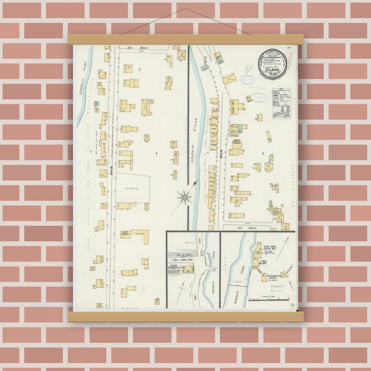 Old map wall art mockup — magnetic wood frame on brick wall — Sanborn Fire Insurance Map from Gilboa, Schoharie County, New York (1898), Sheet #0001