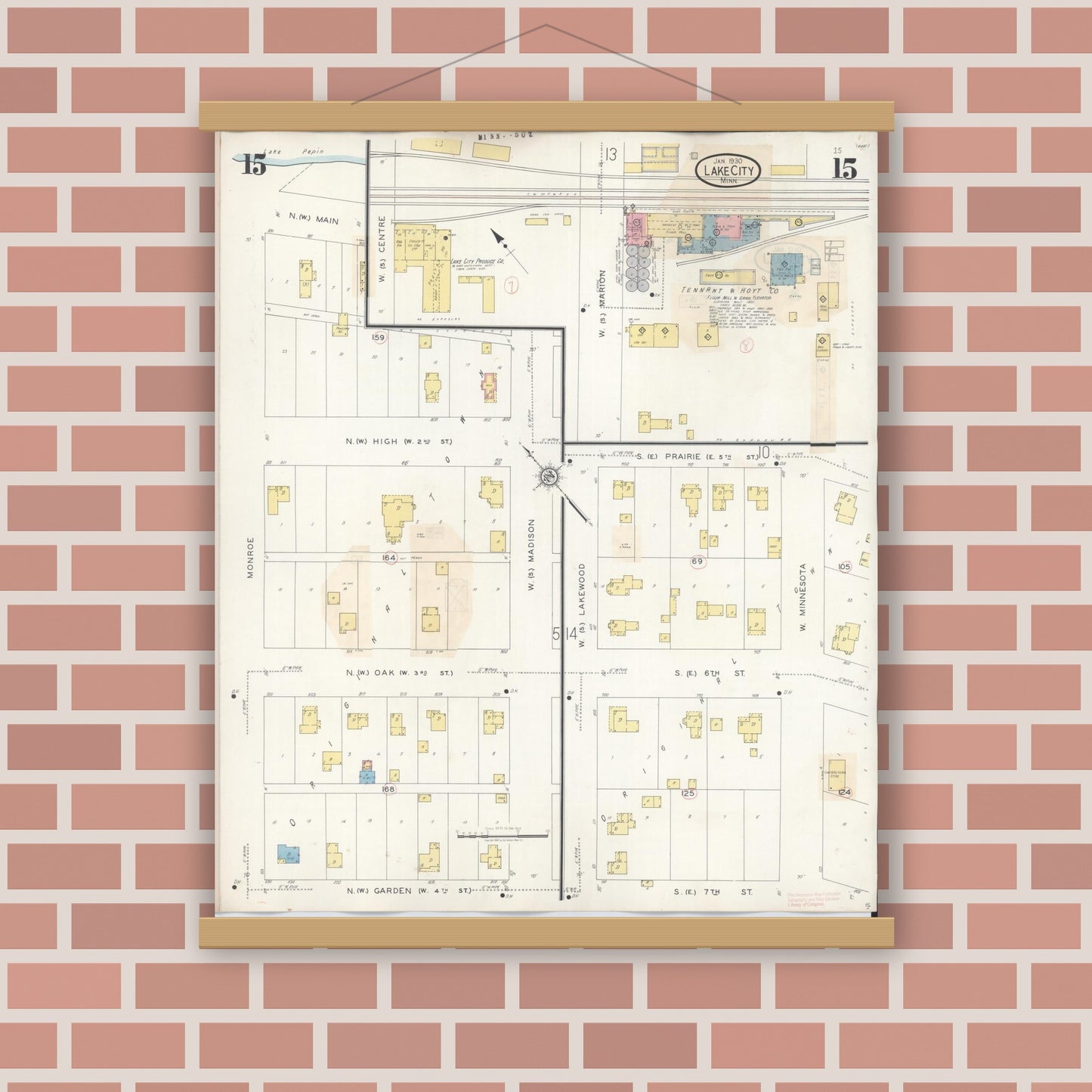 Old map wall art mockup — magnetic wood frame on brick wall — Sanborn Fire Insurance Map from Lake City, Wabasha County, Minnesota (1938), Sheet #0015