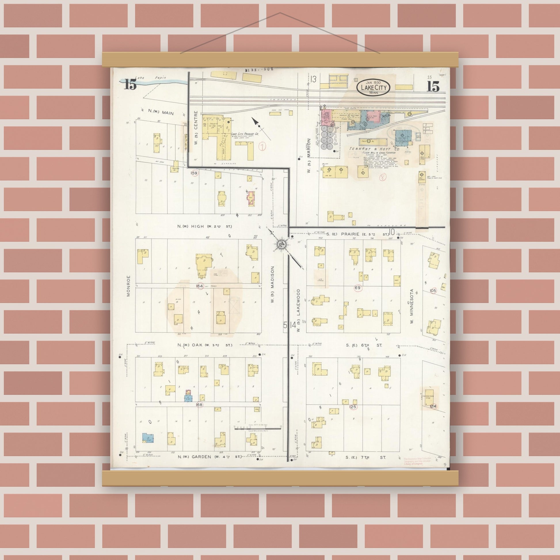 Old map wall art mockup — magnetic wood frame on brick wall — Sanborn Fire Insurance Map from Lake City, Wabasha County, Minnesota (1938), Sheet #0015