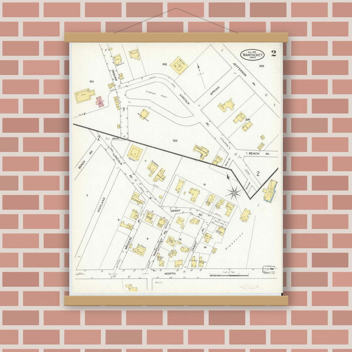 Old map wall art mockup — magnetic wood frame on brick wall — Sanborn Fire Insurance Map from Nantucket, Nantucket County, Massachusetts (1909), Sheet #0002