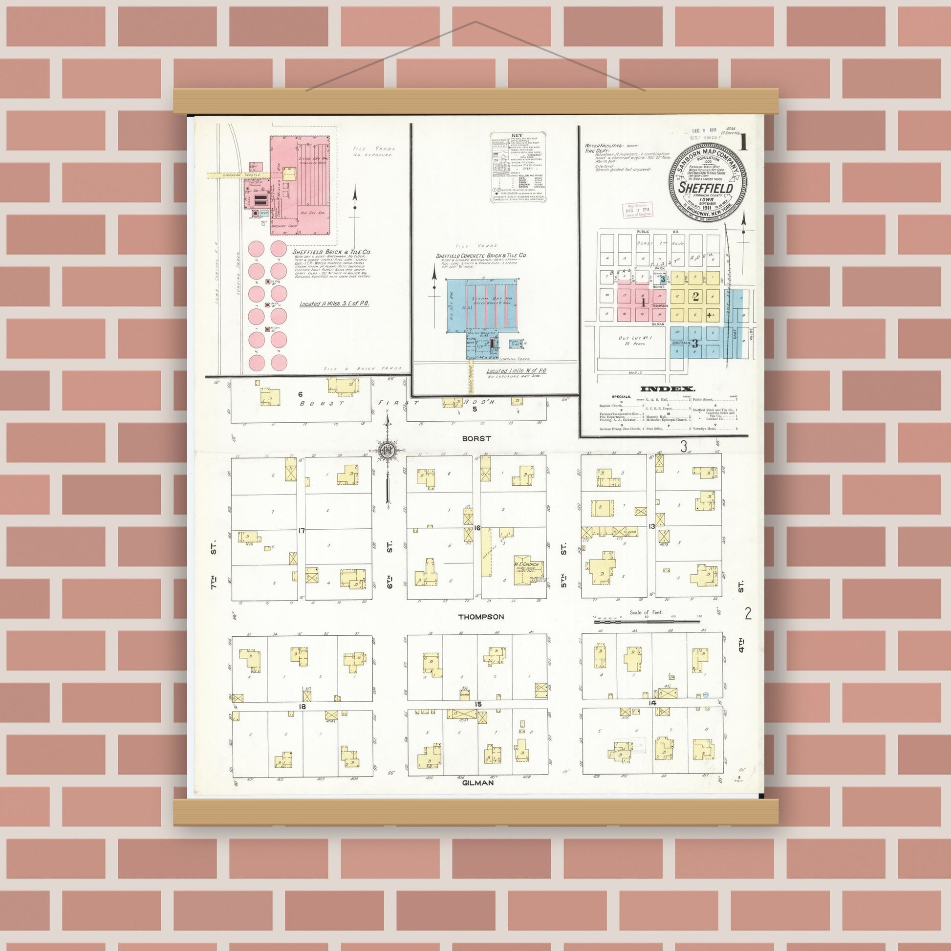 Old map wall art mockup — magnetic wood frame on brick wall — Sanborn Fire Insurance Map from Sheffield, Franklin County, Iowa (1911), Sheet #0001