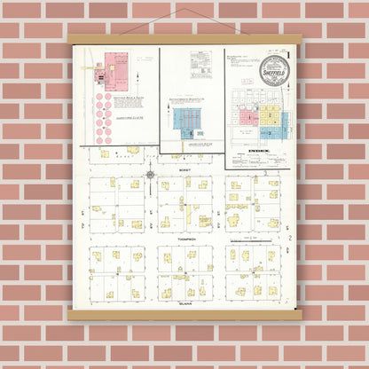 Old map wall art mockup — magnetic wood frame on brick wall — Sanborn Fire Insurance Map from Sheffield, Franklin County, Iowa (1911), Sheet #0001