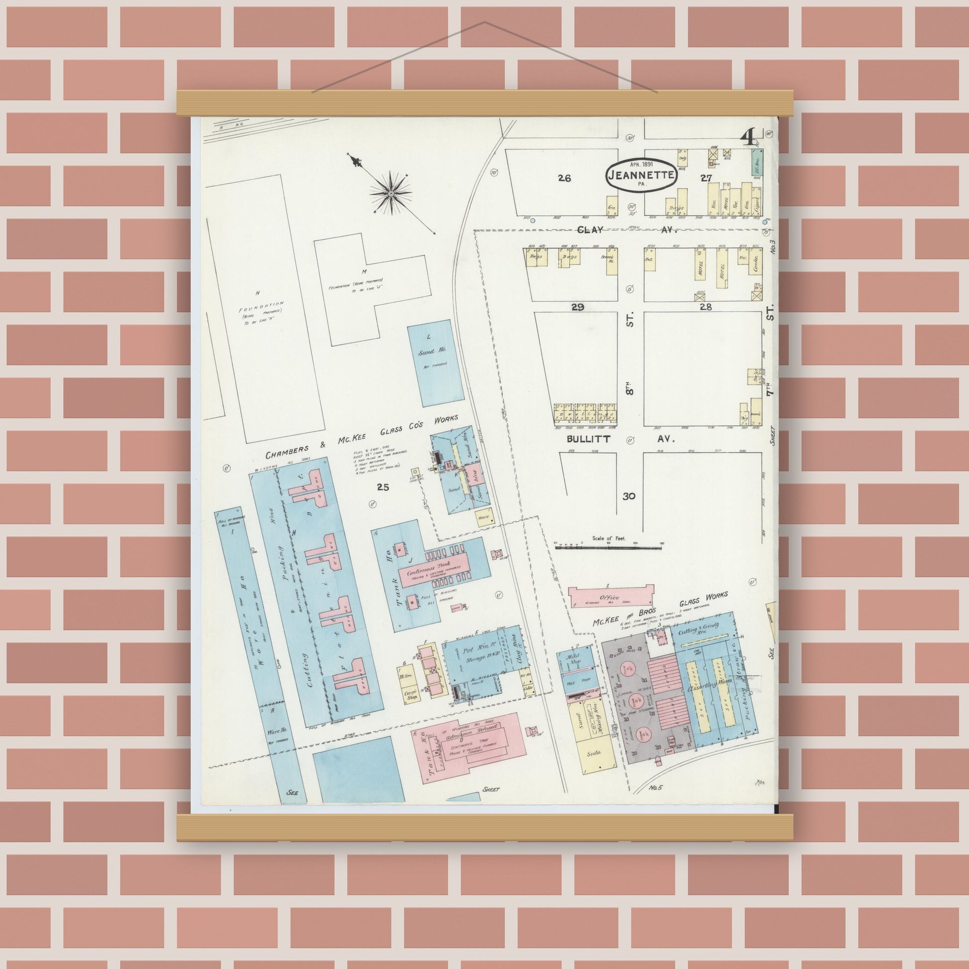 Old map wall art mockup — magnetic wood frame on brick wall — Sanborn Fire Insurance Map from Jeannette, Westmoreland County, Pennsylvania (1891), Sheet #0004