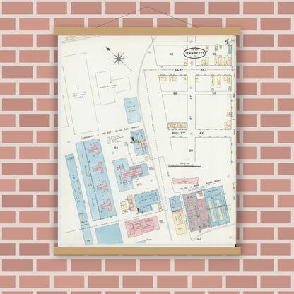 Old map wall art mockup — magnetic wood frame on brick wall — Sanborn Fire Insurance Map from Jeannette, Westmoreland County, Pennsylvania (1891), Sheet #0004