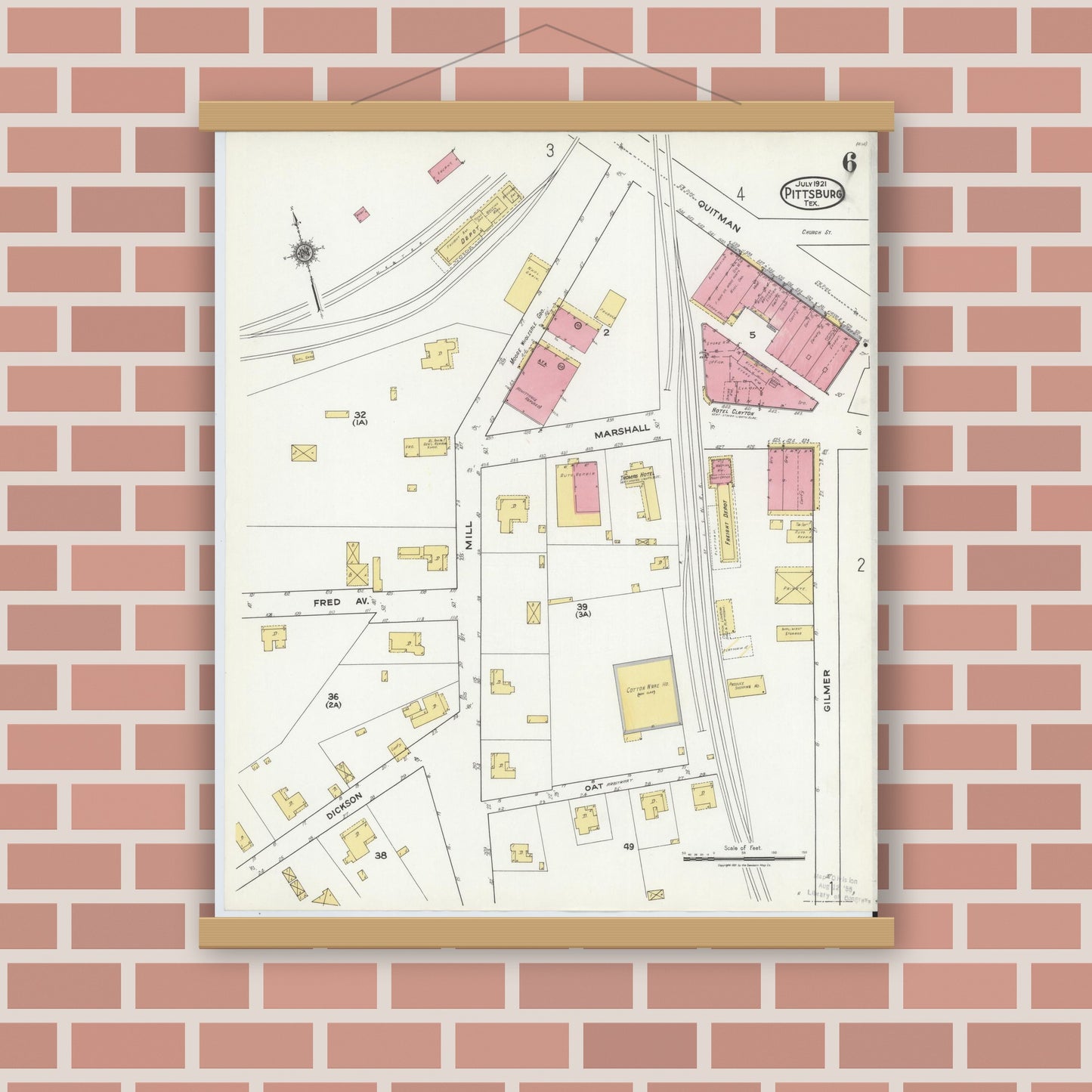 Old map wall art mockup — magnetic wood frame on brick wall — Sanborn Fire Insurance Map from Pittsburg, Camp County, Texas (1921), Sheet #0006