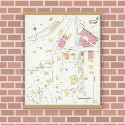 Old map wall art mockup — magnetic wood frame on brick wall — Sanborn Fire Insurance Map from Pittsburg, Camp County, Texas (1921), Sheet #0006