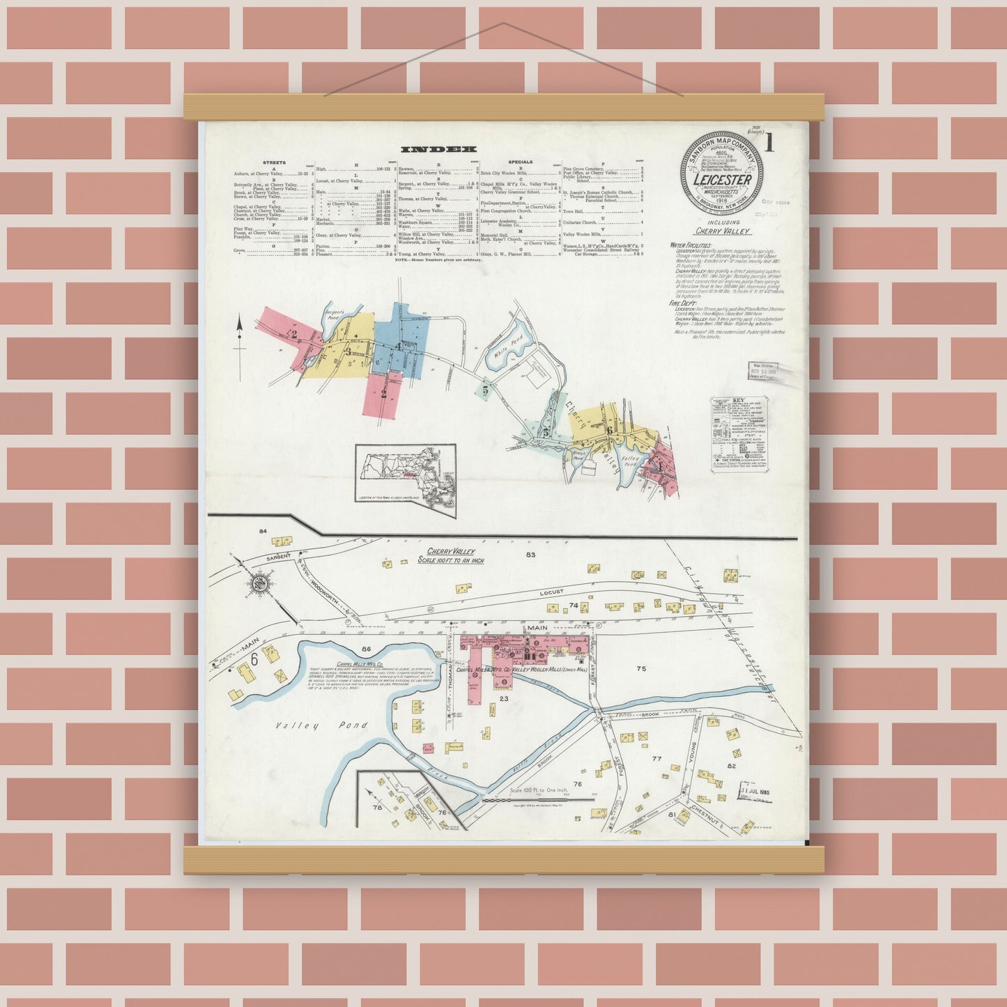 Old map wall art mockup — magnetic wood frame on brick wall — Sanborn Fire Insurance Map from Leicester, Worcester County, Massachusetts (1918), Sheet #0001