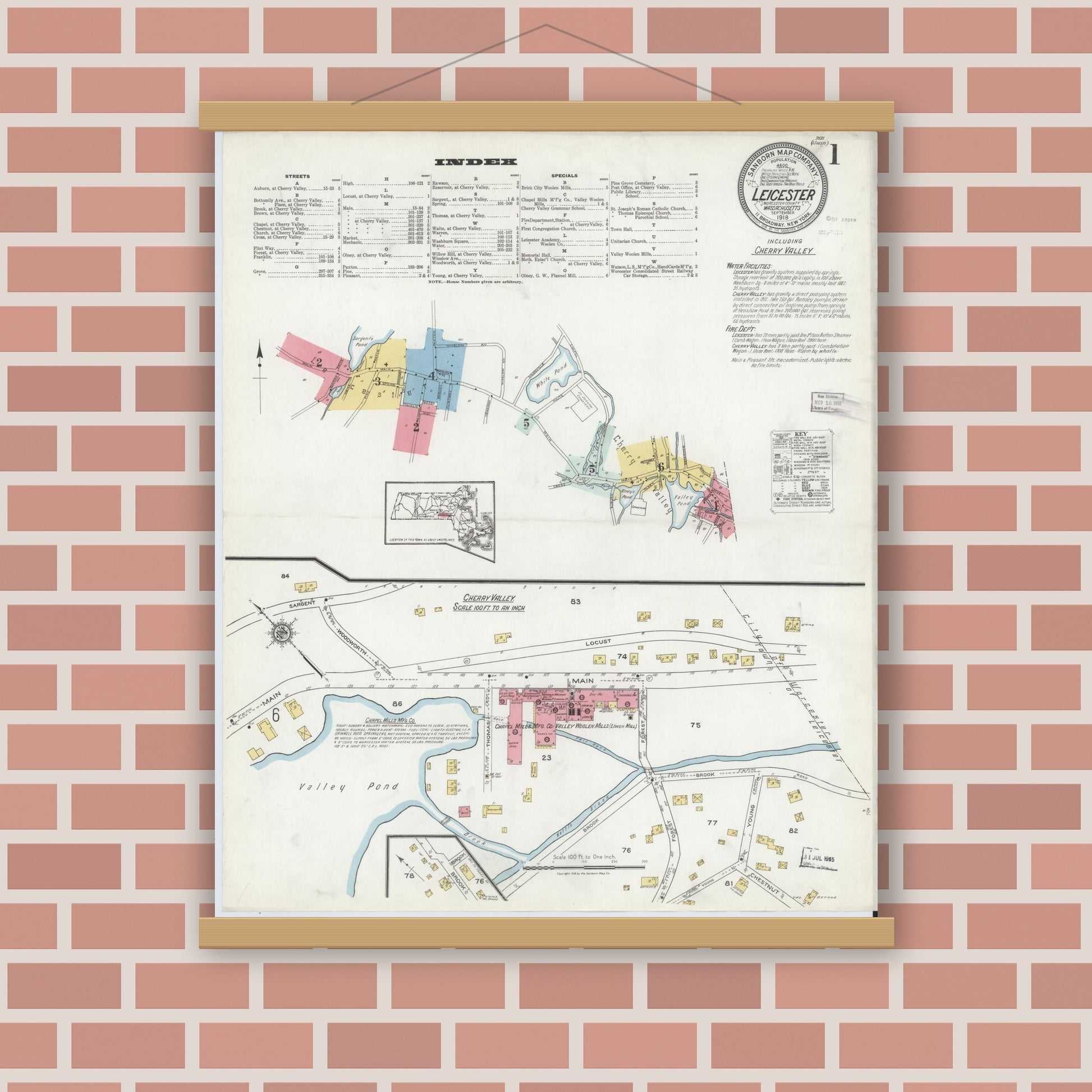 Old map wall art mockup — magnetic wood frame on brick wall — Sanborn Fire Insurance Map from Leicester, Worcester County, Massachusetts (1918), Sheet #0001