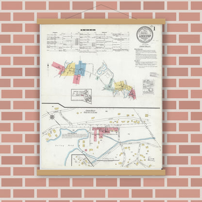 Old map wall art mockup — magnetic wood frame on brick wall — Sanborn Fire Insurance Map from Leicester, Worcester County, Massachusetts (1918), Sheet #0001