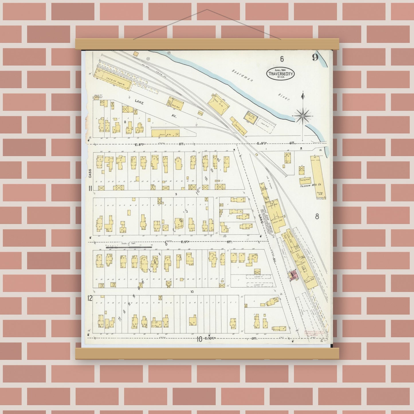 Old map wall art mockup — magnetic wood frame on brick wall — Sanborn Fire Insurance Map from Traverse City, Grand Traverse County, Michigan (1904), Sheet #0009