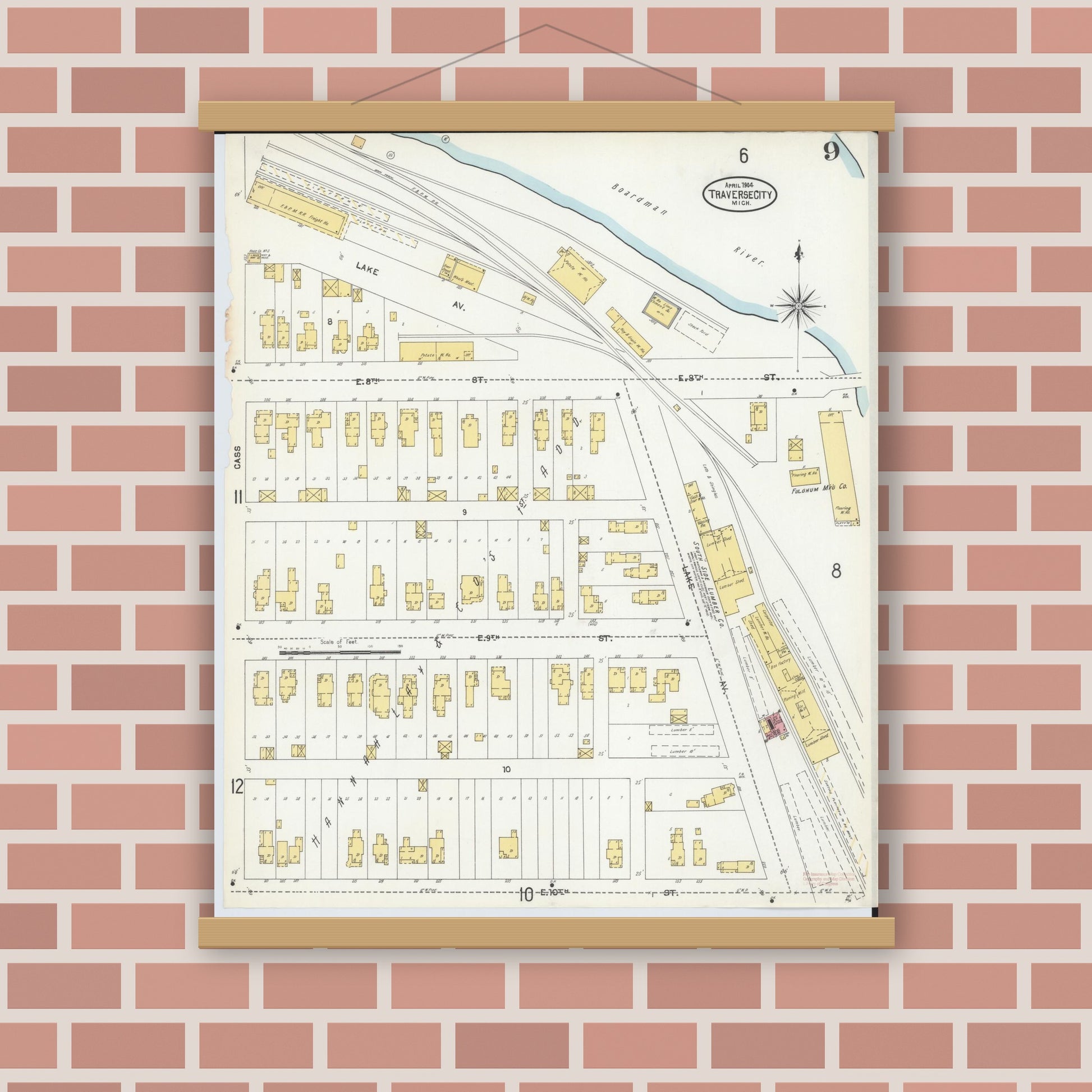 Old map wall art mockup — magnetic wood frame on brick wall — Sanborn Fire Insurance Map from Traverse City, Grand Traverse County, Michigan (1904), Sheet #0009