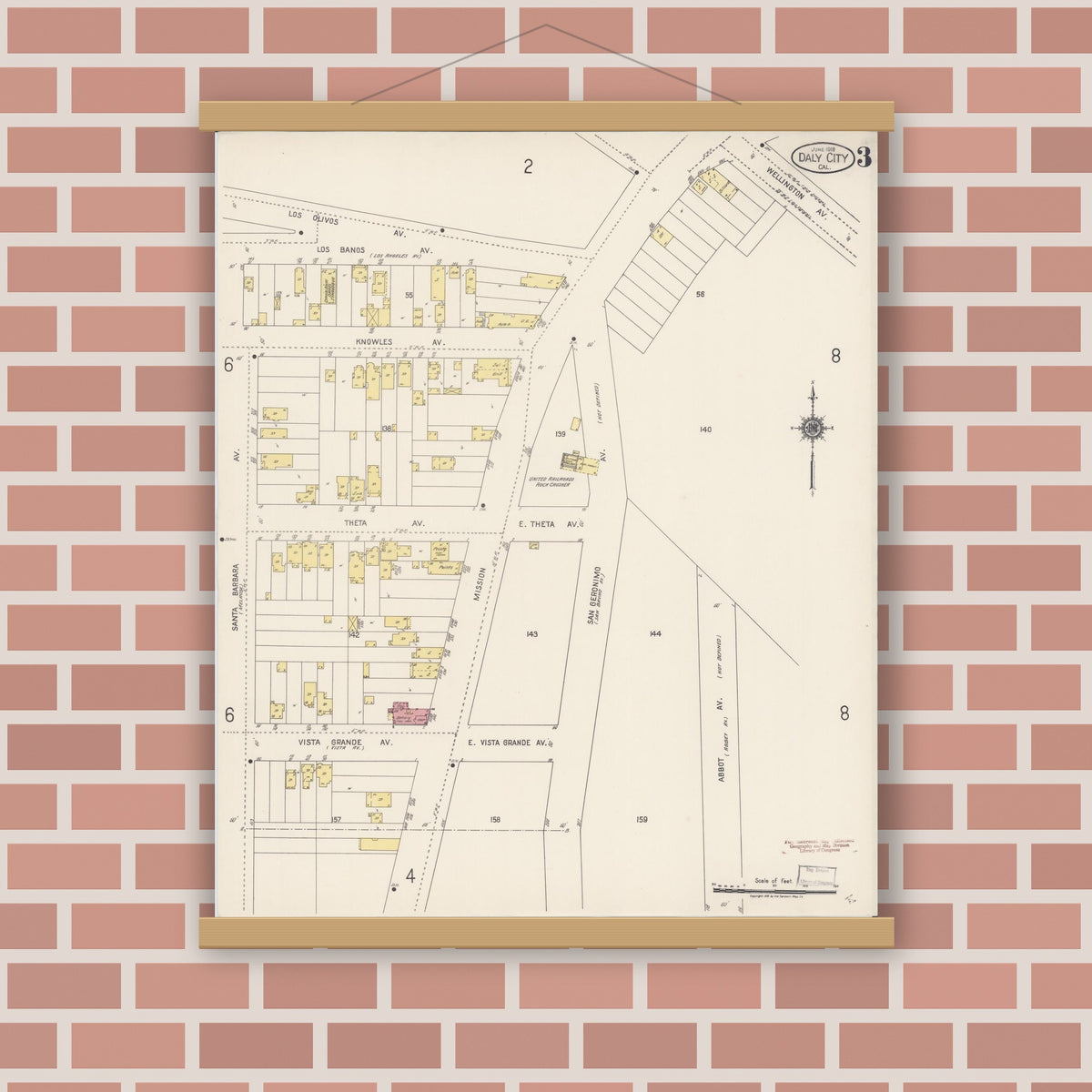 Old map wall art mockup — magnetic wood frame on brick wall — Sanborn Fire Insurance Map from Daly City, San Mateo County, California (1918), Sheet #0003