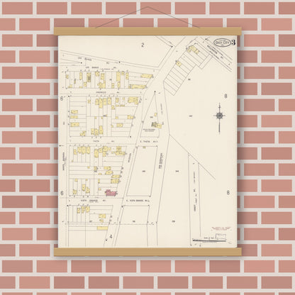 Old map wall art mockup — magnetic wood frame on brick wall — Sanborn Fire Insurance Map from Daly City, San Mateo County, California (1918), Sheet #0003