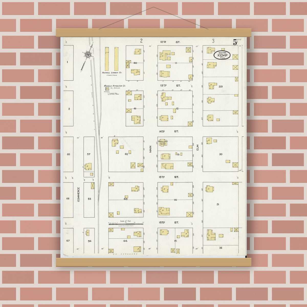 Old map wall art mockup — magnetic wood frame on brick wall — Sanborn Fire Insurance Map from Kemp, Kaufman County, Texas (1921), Sheet #0005