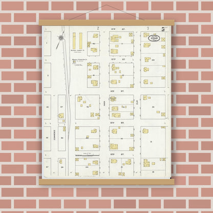 Old map wall art mockup — magnetic wood frame on brick wall — Sanborn Fire Insurance Map from Kemp, Kaufman County, Texas (1921), Sheet #0005