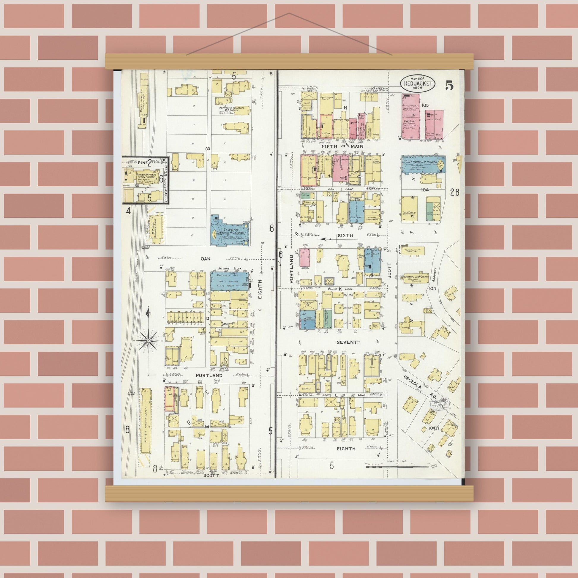 Old map wall art mockup — magnetic wood frame on brick wall — Sanborn Fire Insurance Map from Red Jacket, Houghton County, Michigan (1908), Sheet #0005