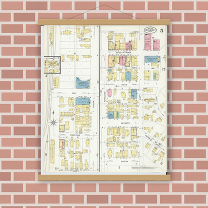 Old map wall art mockup — magnetic wood frame on brick wall — Sanborn Fire Insurance Map from Red Jacket, Houghton County, Michigan (1908), Sheet #0005