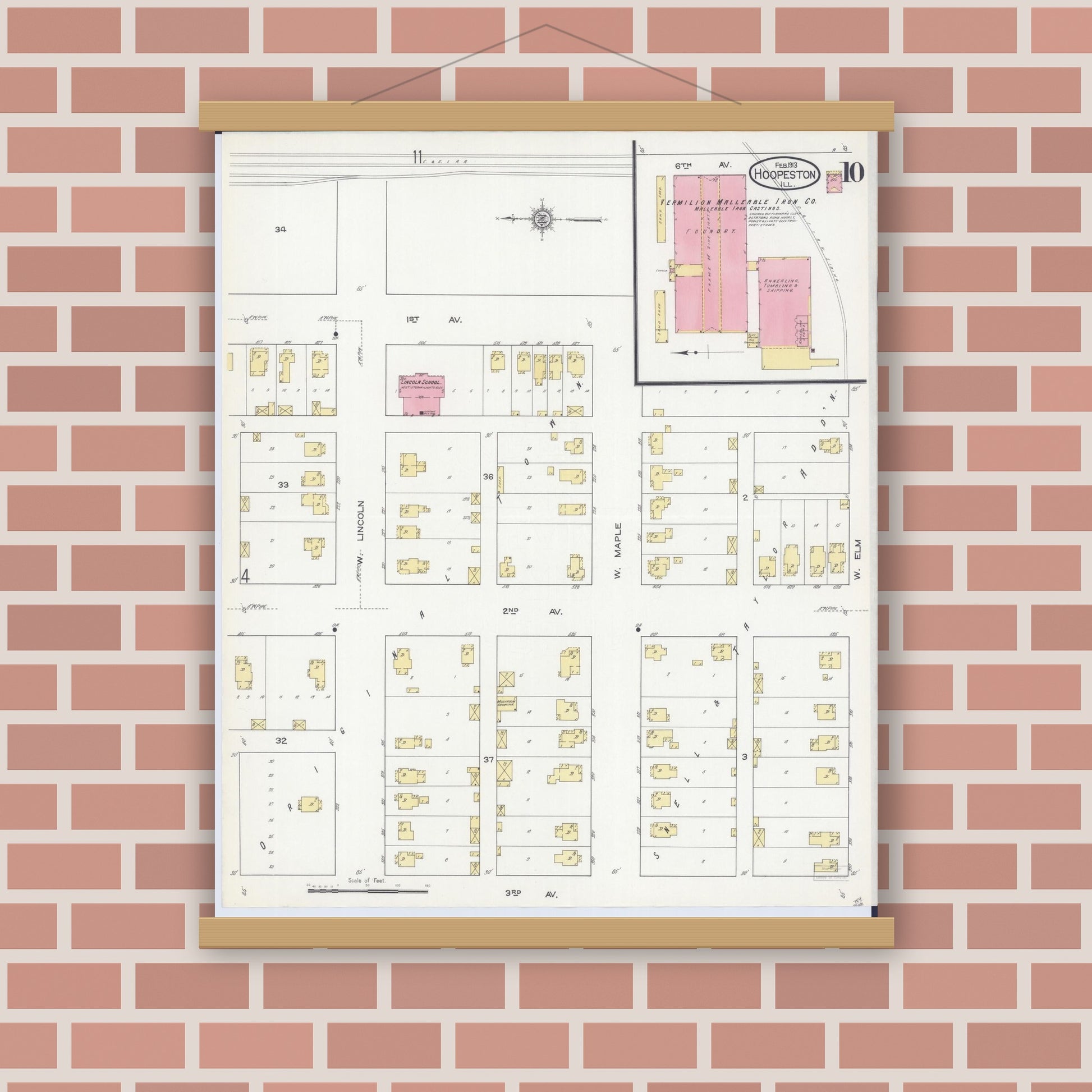 Old map wall art mockup — magnetic wood frame on brick wall — Sanborn Fire Insurance Map from Hoopeston, Vermilion County, Illinois (1913), Sheet #0010