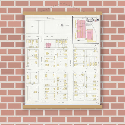 Old map wall art mockup — magnetic wood frame on brick wall — Sanborn Fire Insurance Map from Hoopeston, Vermilion County, Illinois (1913), Sheet #0010