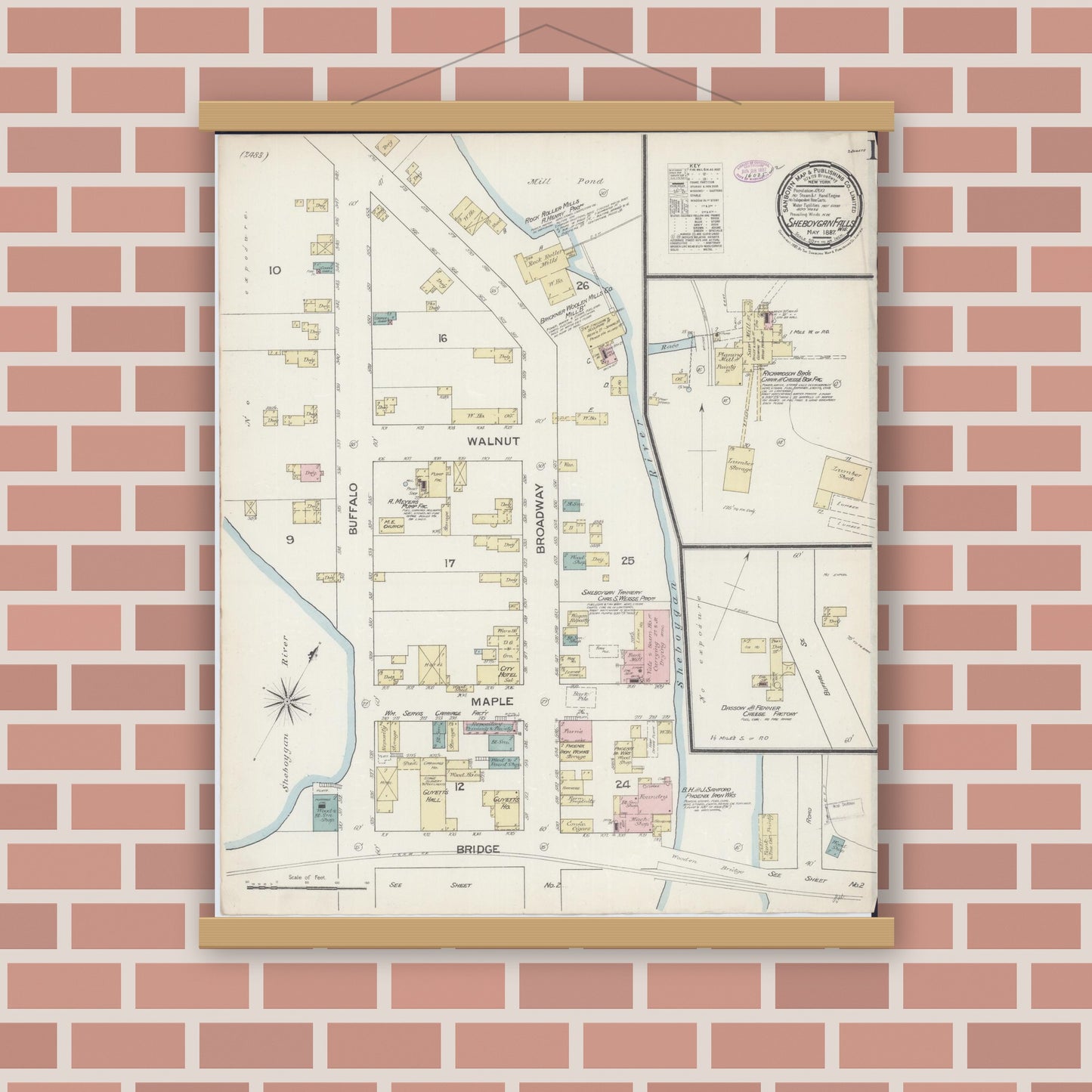 Old map wall art mockup — magnetic wood frame on brick wall — Sanborn Fire Insurance Map from Sheboygan Falls, Sheboygan County, Wisconsin (1887) - Complete Map Set
