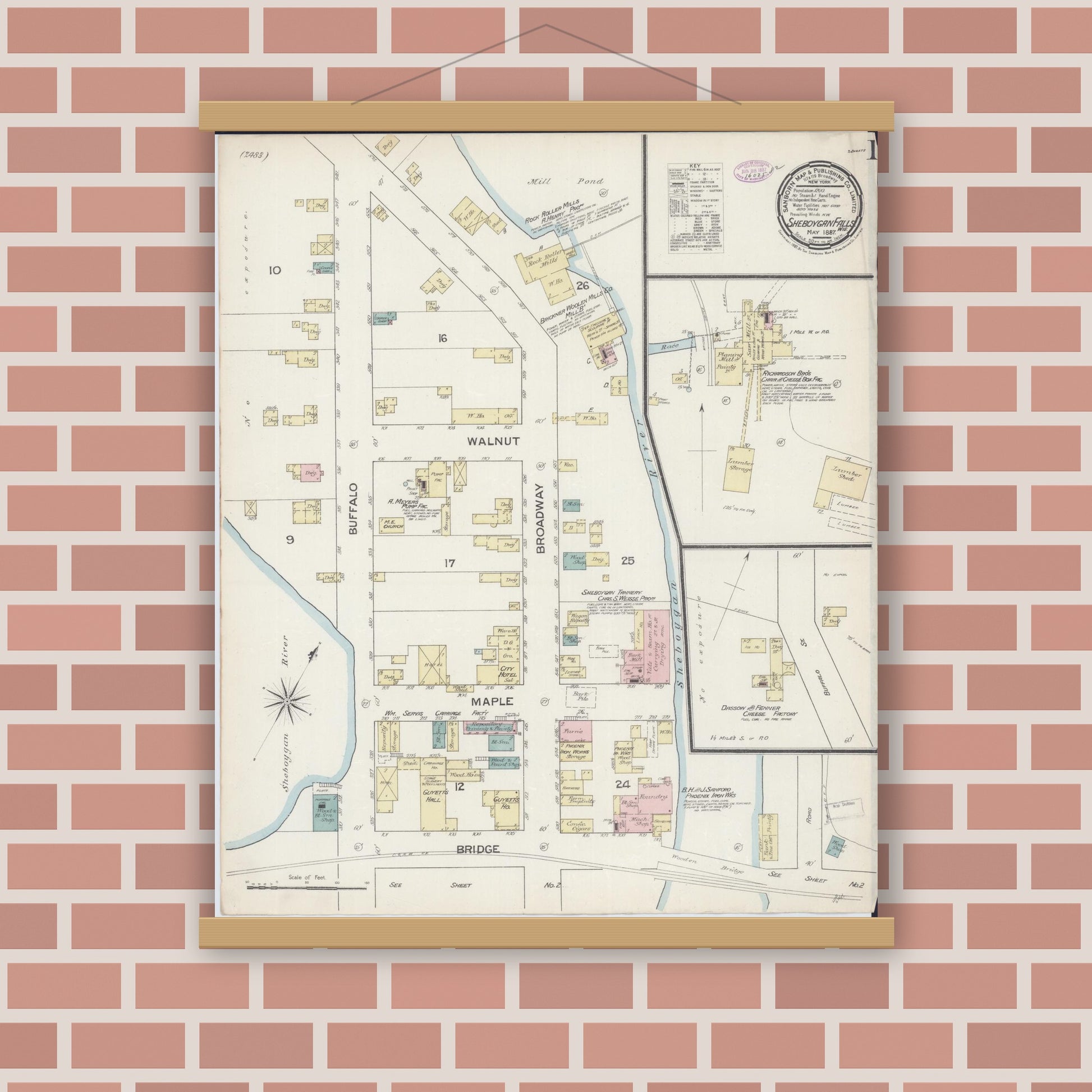 Old map wall art mockup — magnetic wood frame on brick wall — Sanborn Fire Insurance Map from Sheboygan Falls, Sheboygan County, Wisconsin (1887) - Complete Map Set