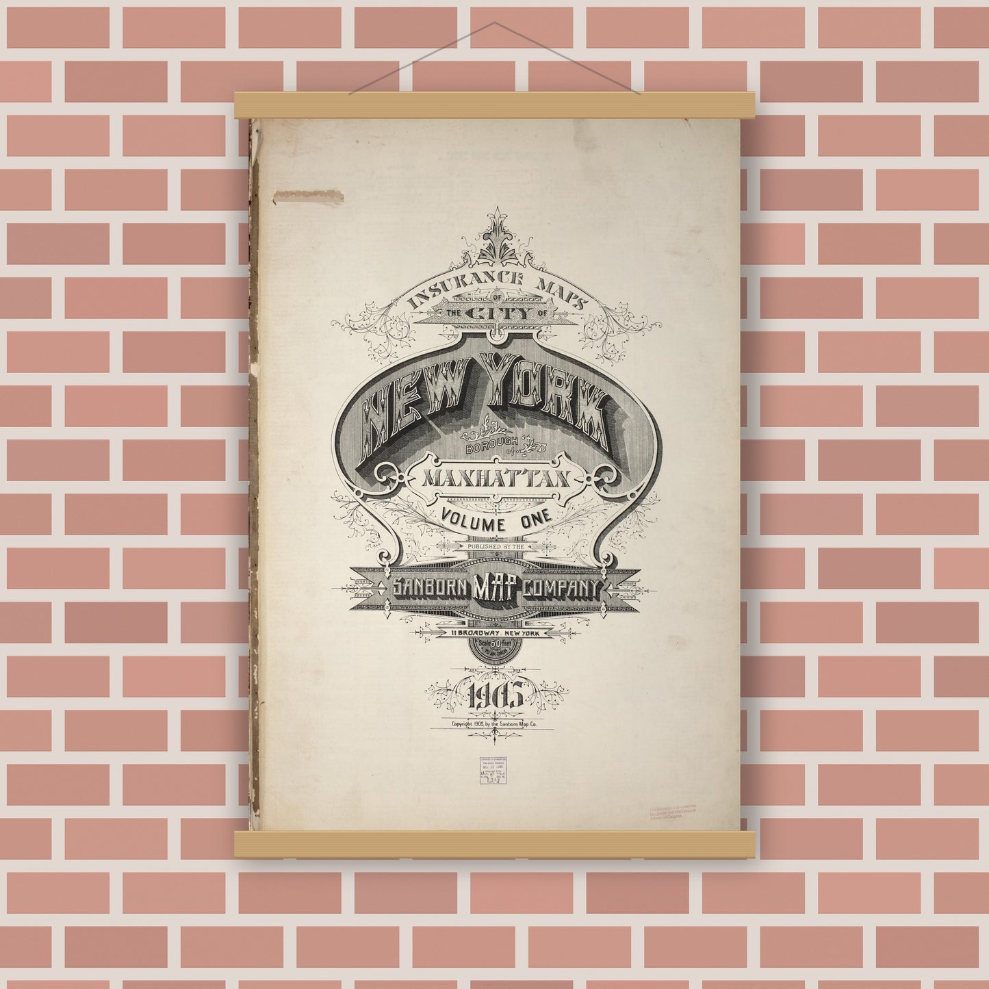 Old map wall art mockup — magnetic wood frame on brick wall — Sanborn Fire Insurance Map from New York, Bronx, Manhattan, New York (1905), Sheet #0001