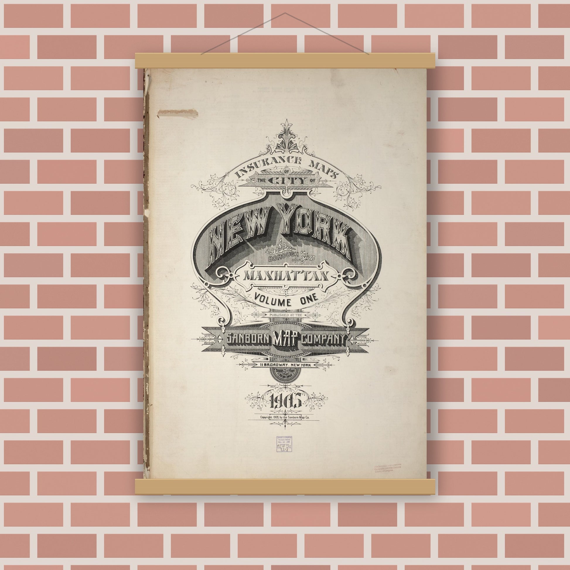 Old map wall art mockup — magnetic wood frame on brick wall — Sanborn Fire Insurance Map from New York, Bronx, Manhattan, New York (1905), Sheet #0001