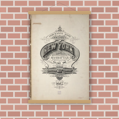 Old map wall art mockup — magnetic wood frame on brick wall — Sanborn Fire Insurance Map from New York, Bronx, Manhattan, New York (1905), Sheet #0001