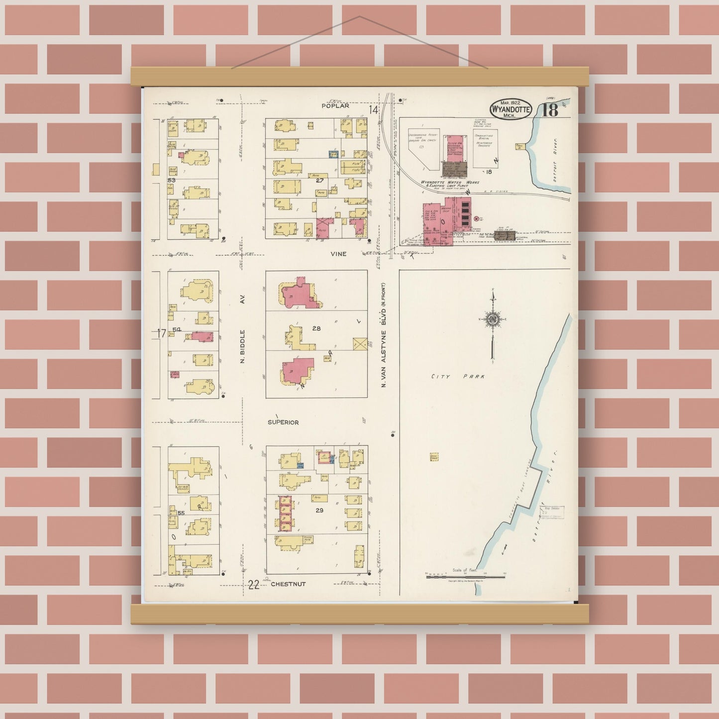 Old map wall art mockup — magnetic wood frame on brick wall — Sanborn Fire Insurance Map from Wyandotte, Wayne County, Michigan (1922), Sheet #0018