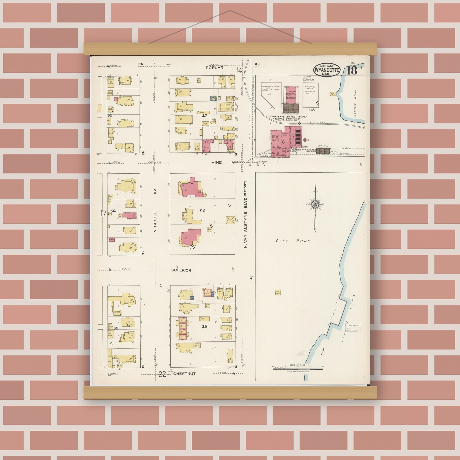 Old map wall art mockup — magnetic wood frame on brick wall — Sanborn Fire Insurance Map from Wyandotte, Wayne County, Michigan (1922), Sheet #0018