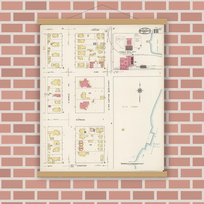 Old map wall art mockup — magnetic wood frame on brick wall — Sanborn Fire Insurance Map from Wyandotte, Wayne County, Michigan (1922), Sheet #0018