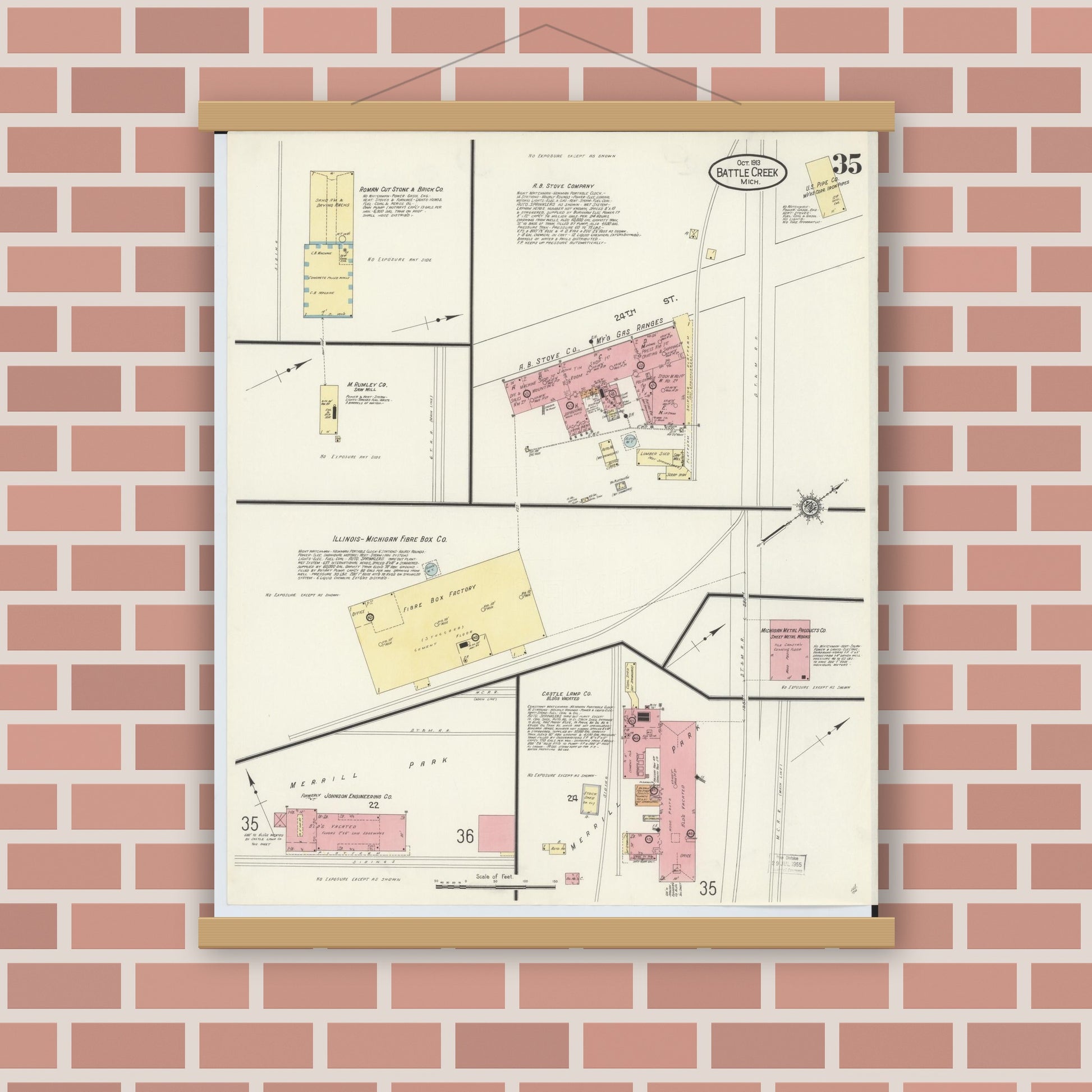 Old map wall art mockup — magnetic wood frame on brick wall — Sanborn Fire Insurance Map from Battle Creek, Calhoun County, Michigan (1913), Sheet #0035