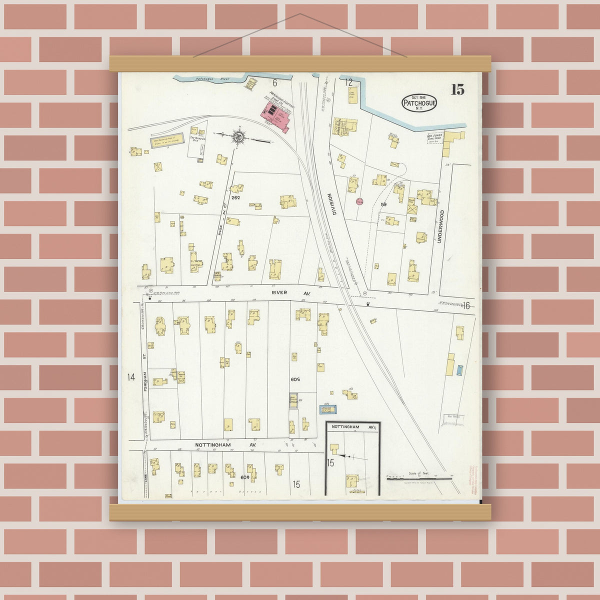 Old map wall art mockup — magnetic wood frame on brick wall — Sanborn Fire Insurance Map from Patchogue, Suffolk County, New York (1916), Sheet #0015
