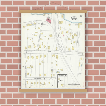 Old map wall art mockup — magnetic wood frame on brick wall — Sanborn Fire Insurance Map from Patchogue, Suffolk County, New York (1916), Sheet #0015