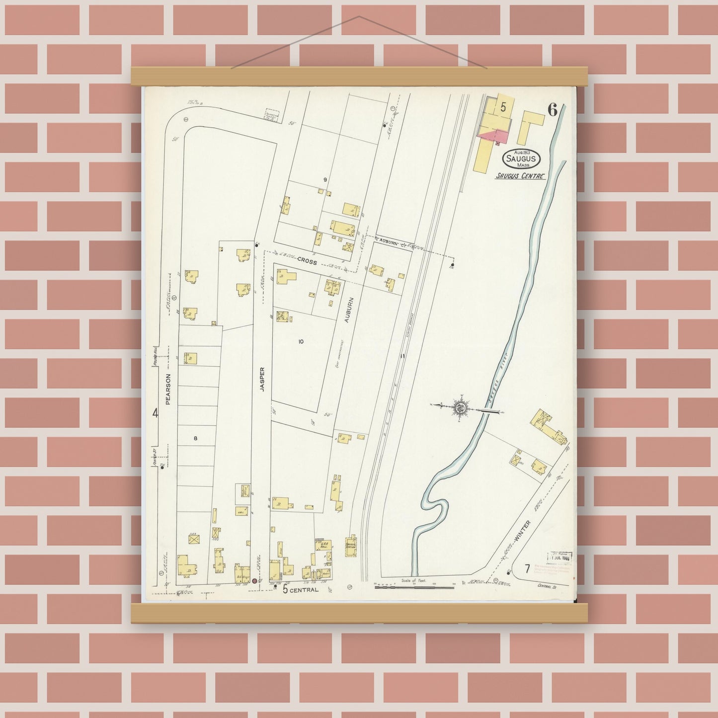 Old map wall art mockup — magnetic wood frame on brick wall — Sanborn Fire Insurance Map from Saugus, Essex County, Massachusetts (1913), Sheet #0006