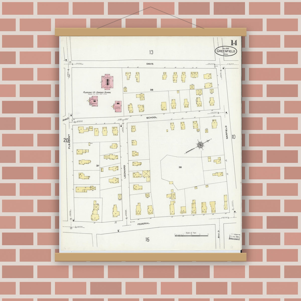 Old map wall art mockup — magnetic wood frame on brick wall — Sanborn Fire Insurance Map from Greenfield, Franklin County, Massachusetts (1909), Sheet #0014